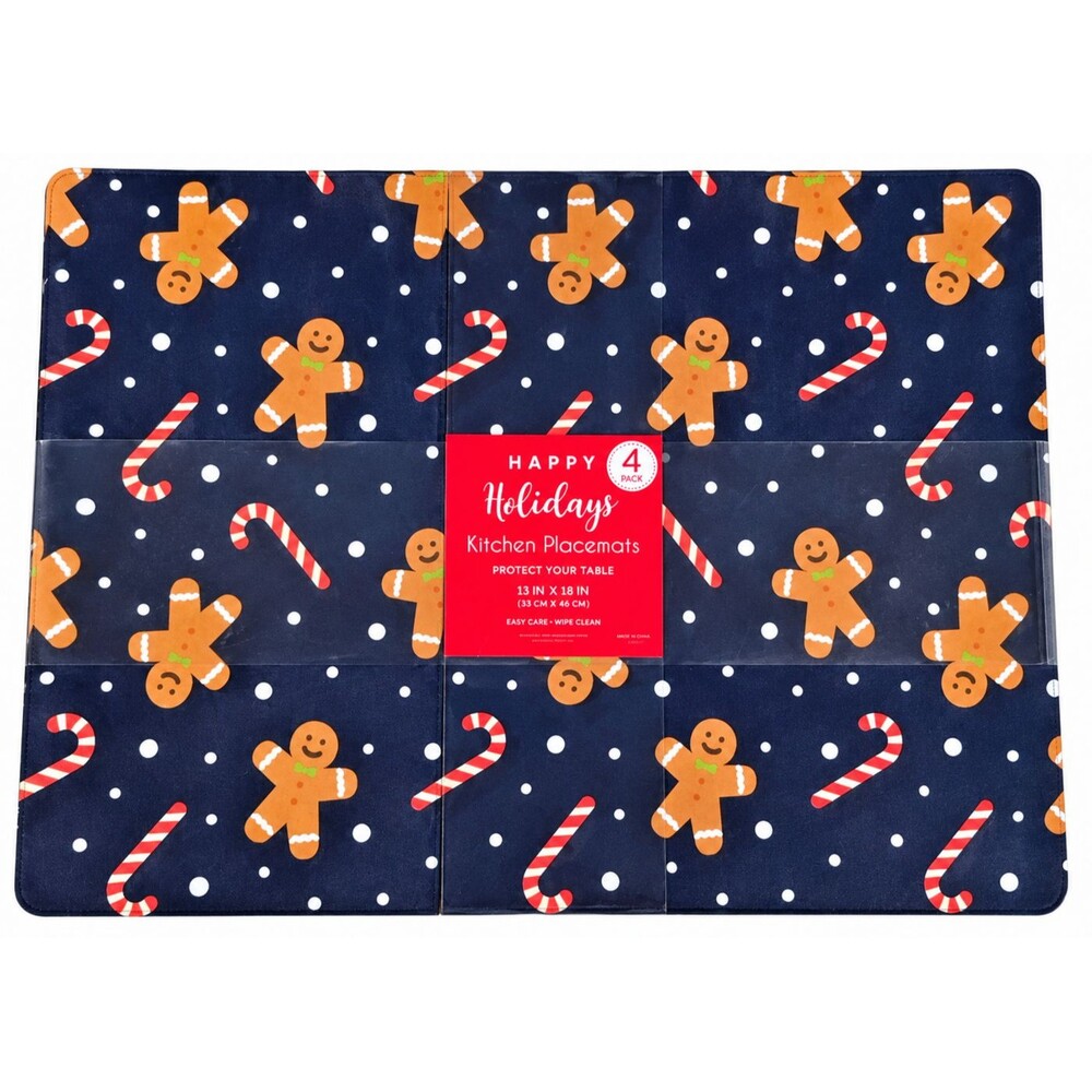 Christmas Placemats Gingerbread Men Set of 4 Vinyl Foam Back Navy Holiday 13x18"